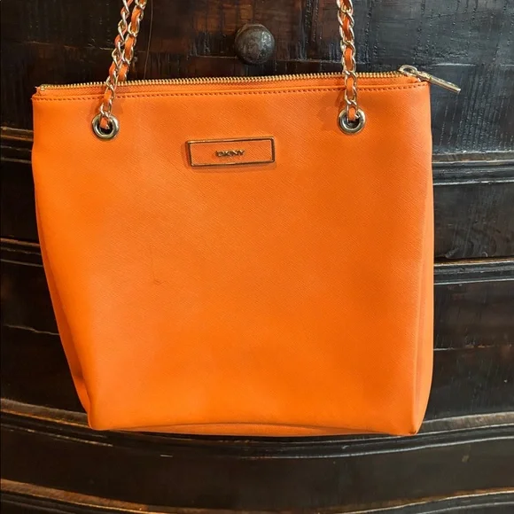 DKNY Gold Chain Vibrant Orange Shoulder Bag - Picture 2 of 5